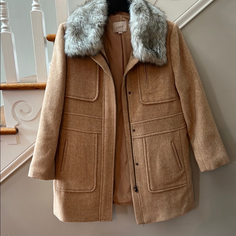 Loft Petite Tan Coat with removable Faux Fur Collar
